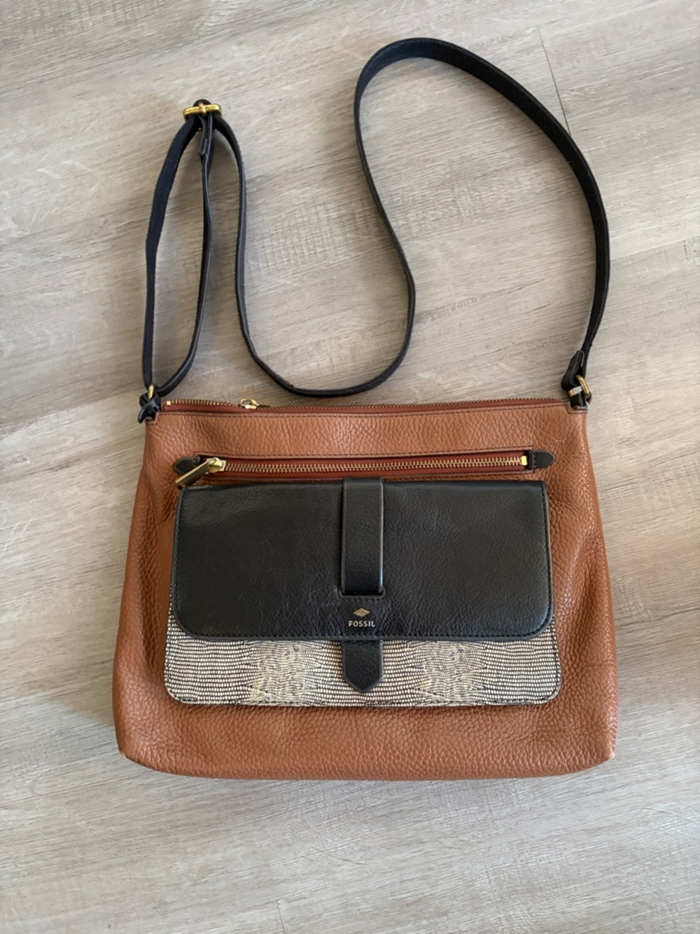 Fossil Tan and Black Crossbody with Textured Ivory Accent